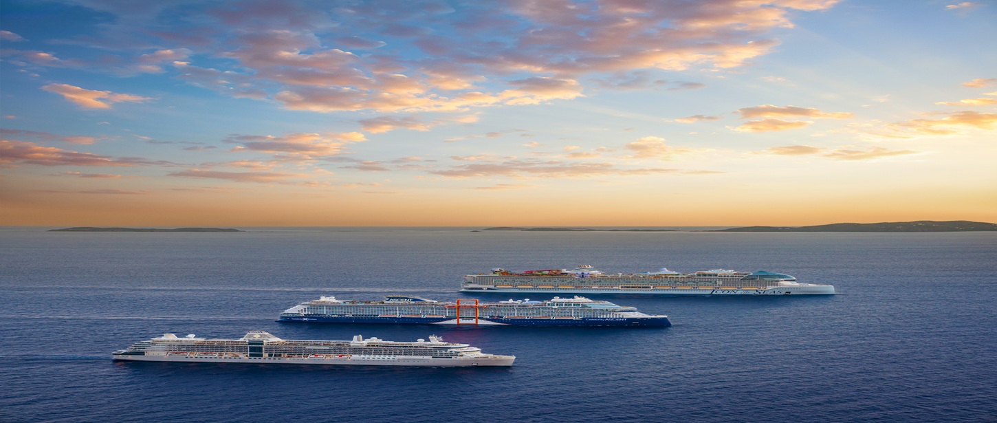 Luxury cruise ship sailing at sunset